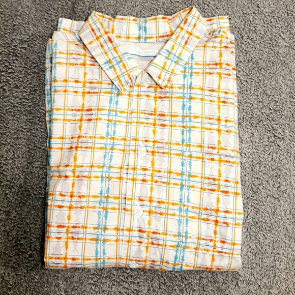 Columbia PFG Orange Fish Print Plaid Button Down Shirt - Size Medium - Picture 2 of 8